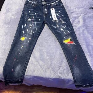 Men's Skinny Jeans - Distressed Blue with Paint Splatter